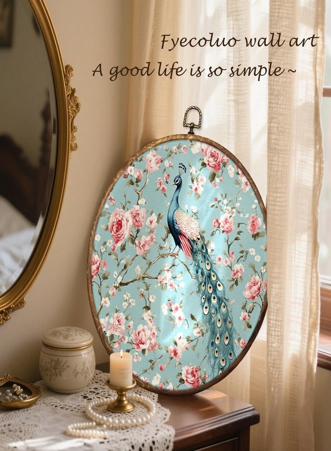 HUGANE Vintage Peacock Pink Rose Floral Round Wall Art Decor, Rustic Cottagecore Shabby Chic Floral Hanging Canvas Framed Prints Wall Sculptures for Home Bedroom Living Room Decor, 10x10 Inch - Image 4